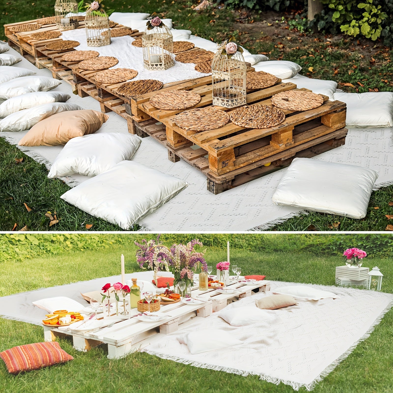 91 X 71 Extra Large Outdoor Picnic Blanket Woven Cotton Yarn Oversize Beach Blanket with Fringe Bohemian Machine Washable Sandproof Portable for Spring Summer Camping Beach (White) Non-Food Direct Contact