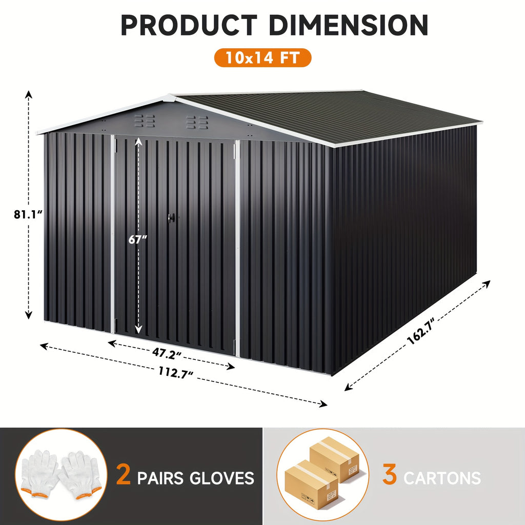 5x3-12x14ft Outdoor Storage Shed, Metal Garden Shed with Updated Frame Structure, Tool Sheds for Backyard Garden Patio Lawn, Black Or White