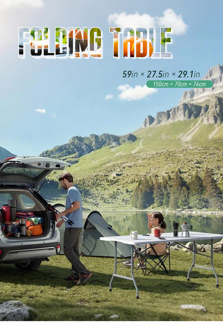 【 4FT/5FT/6FT 】 Folding table with handle and safety lock, easy to set up, with a weight carrying capacity of 330 pounds, suitable for camping, picnicking, parties, and indoor activities, white