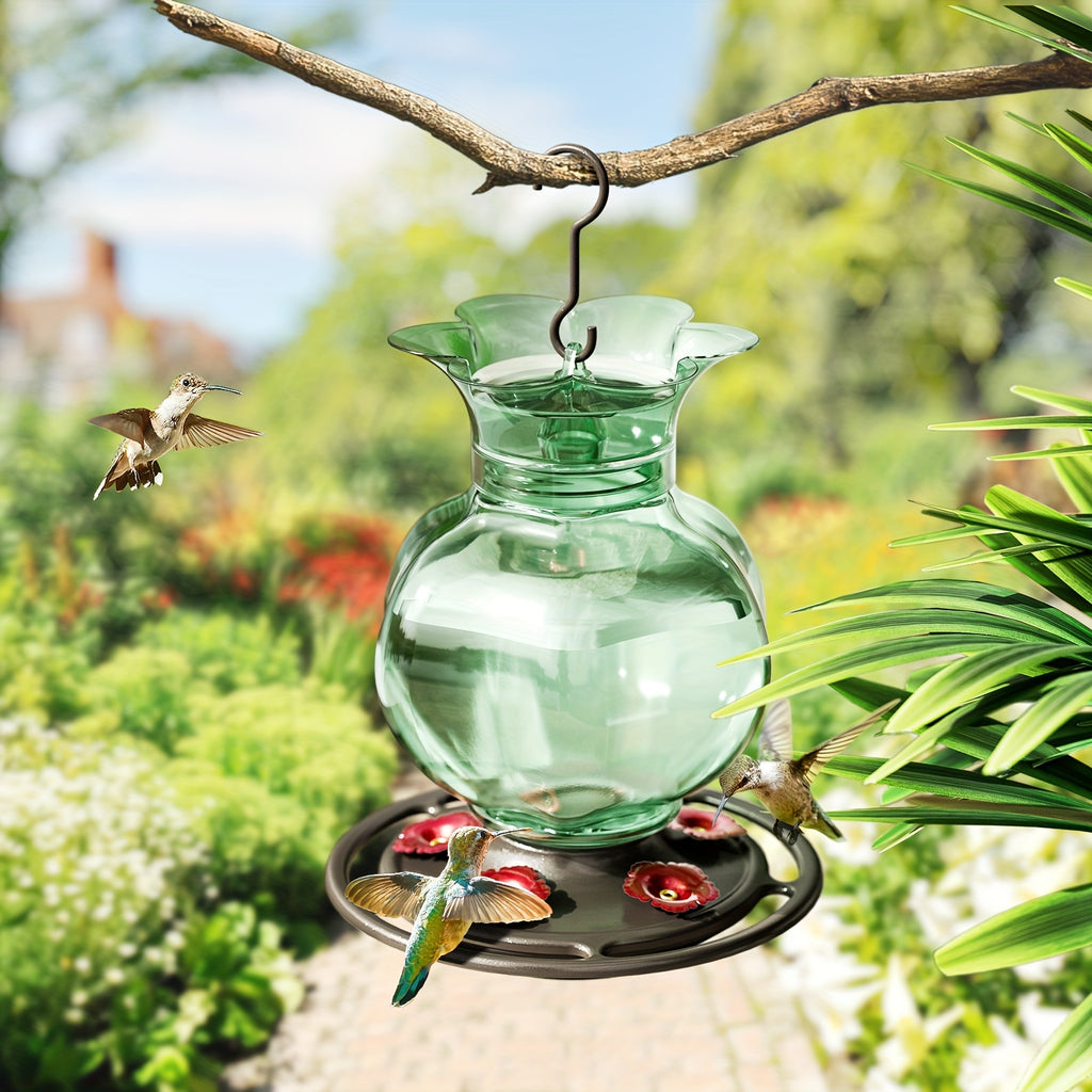 Auslar 16 Ounce Red Glass Hummingbird Feeder, Outdoor Hanging Barn Lantern Shape With 5 Flower Feeding Ports & Built-in Ant Moat, Rustproof & Leakproof - Garden Yard Decor Essential, Perfect Valentine'S Day & Mother'S Day Gift