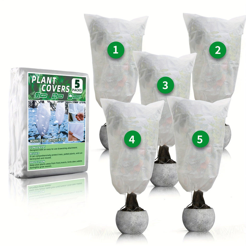 5Pack 2.2oz Plant Covers Freeze Protection, Winter Frost Cloth, Reusable Frost Blankets, Tree Cover Drawstring Bags For Outdoor Fruit Potted Shrub Season Extension (31.4*39.3, 39.3*47.2, 47.2*70.8)inch