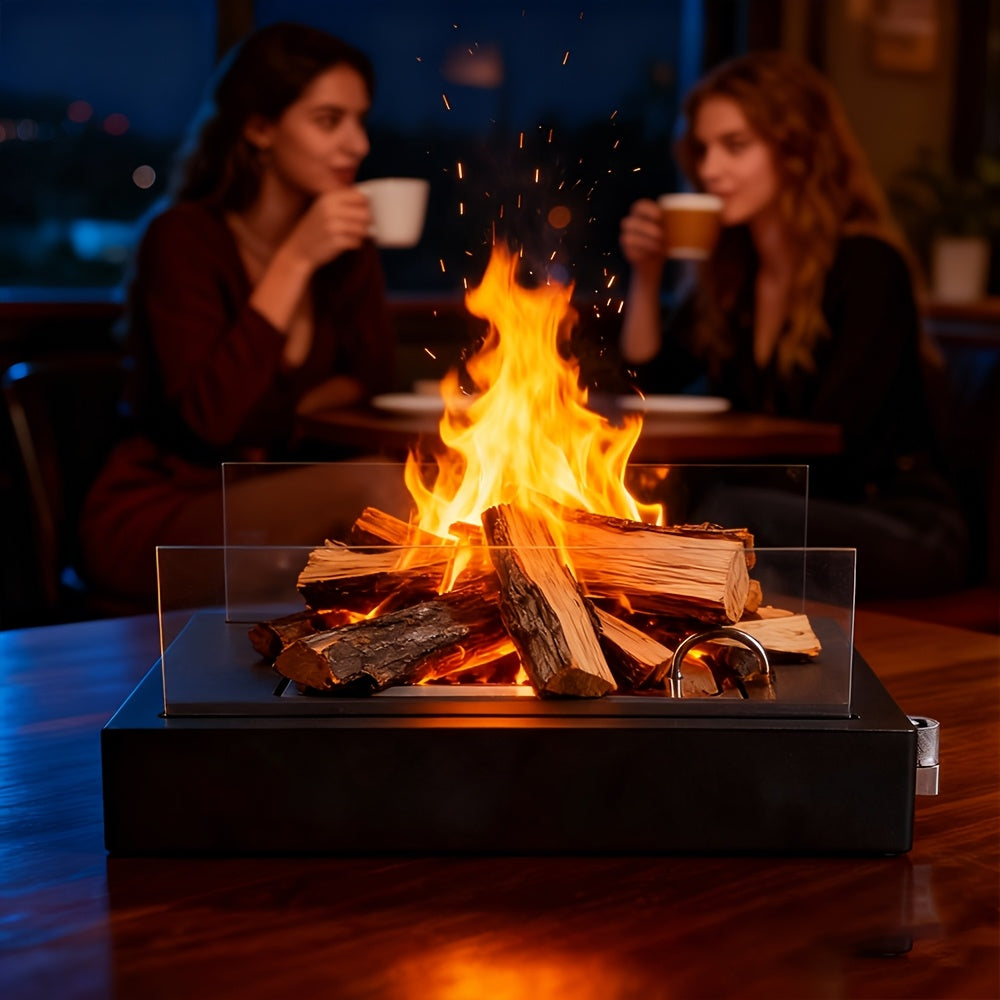 Wood Pellet Fire Pit, 15.16×8.66×4.53inch Firewood Pit with Glass Wind Guard, Portable Tabletop Smoke-Free for Patio, Backyard, Camping, Tailgating