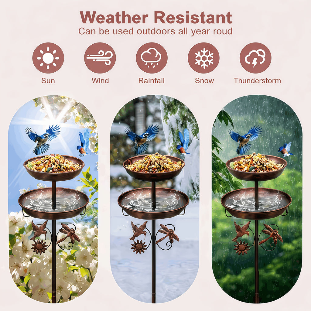 Retro Double-layer Metal Bird Bath Feeder. Detachable Basin for Feeding & Bathing. with Hummingbird & Dragonfly Decor. Ideal for Gardens, Patios, Courtyards, Lawns. Upgraded 5-claw Base, Anti-toppling, Stable And Durable.