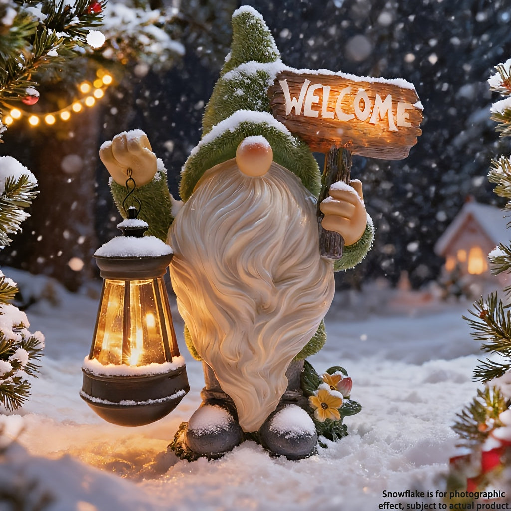 [Solar Gnome Decor] Large Flocked Resin Garden Gnome Statue | Outdoor Decor with Solar Light Holding Lantern Welcome Sign, Dwarf Sculpture for Yard, Patio, Porch, Lawn - Halloween & Christmas Decorations