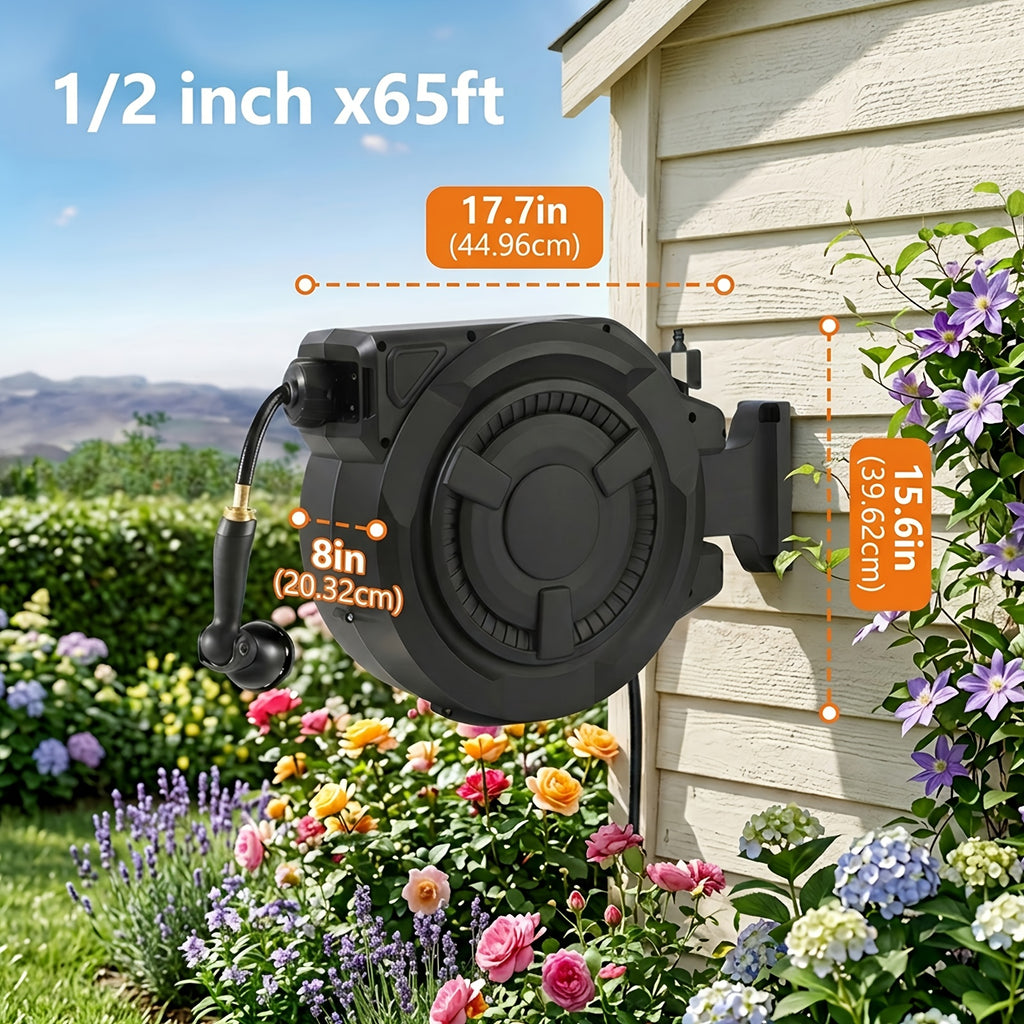 Garden Hose Reel 1/2in & 5/8in, 50ft-130ft Heavy Duty Automatic Hose Reel, Garden Water Hose Reel, with Slow Return System, Heavy Duty Wall Mounted Hose Reel with 10- Function Sprayer Nozzle, Hose Reels for Outside Heavy Duty, Water Hose