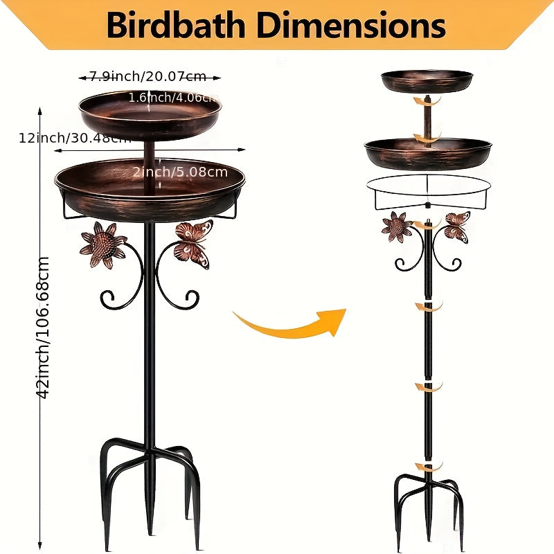 42 Inch Heavy-duty Metal Double-layer Bird Bath Tub -7.9 Feet Plus 12 Inches Double-layer Large Capacity Water Collection Feeding Basin, 5-claw Stable Base, Durable, Courtyard Decoration, Easy to Install And Clean, Multifunctional Bird Feeder