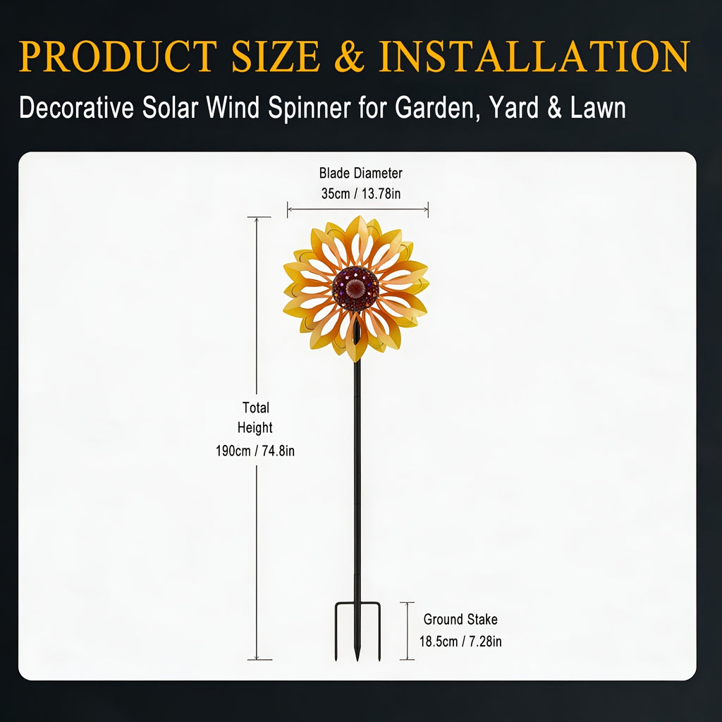 Outdoor Patio Landscape Decor, Solar Powered Metal Sunflower Wind Spinner with Night Glow Light, Collects Sun Energy During The Day And Shines After Dark, Weatherproof Kinetic Rotation Design for Garden Yard Lawn Decorative Ornament