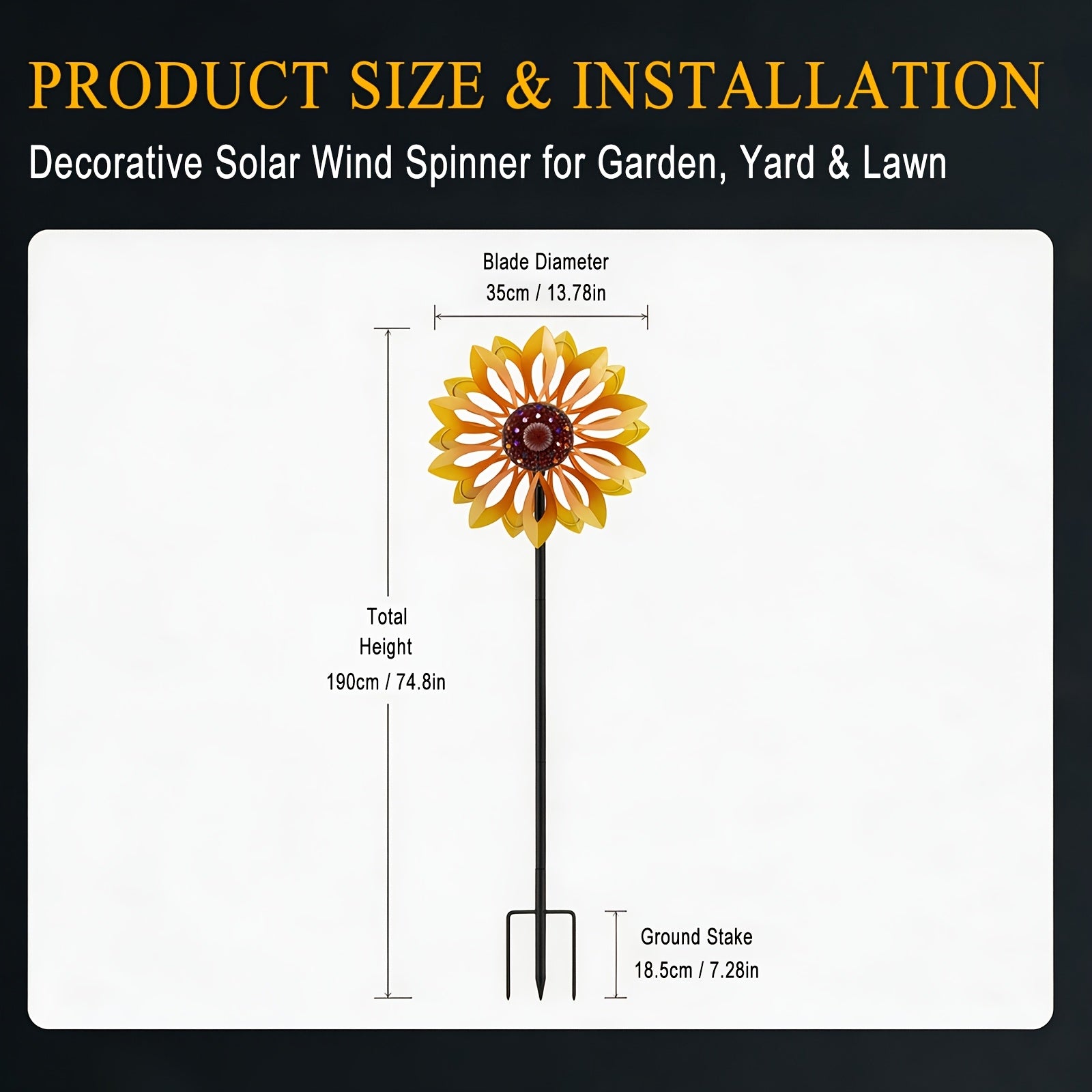 Outdoor Patio Landscape Decor, Solar Powered Metal Sunflower Wind Spinner with Night Glow Light, Collects Sun Energy During The Day And Shines After Dark, Weatherproof Kinetic Rotation Design for Garden Yard Lawn Decorative Ornament