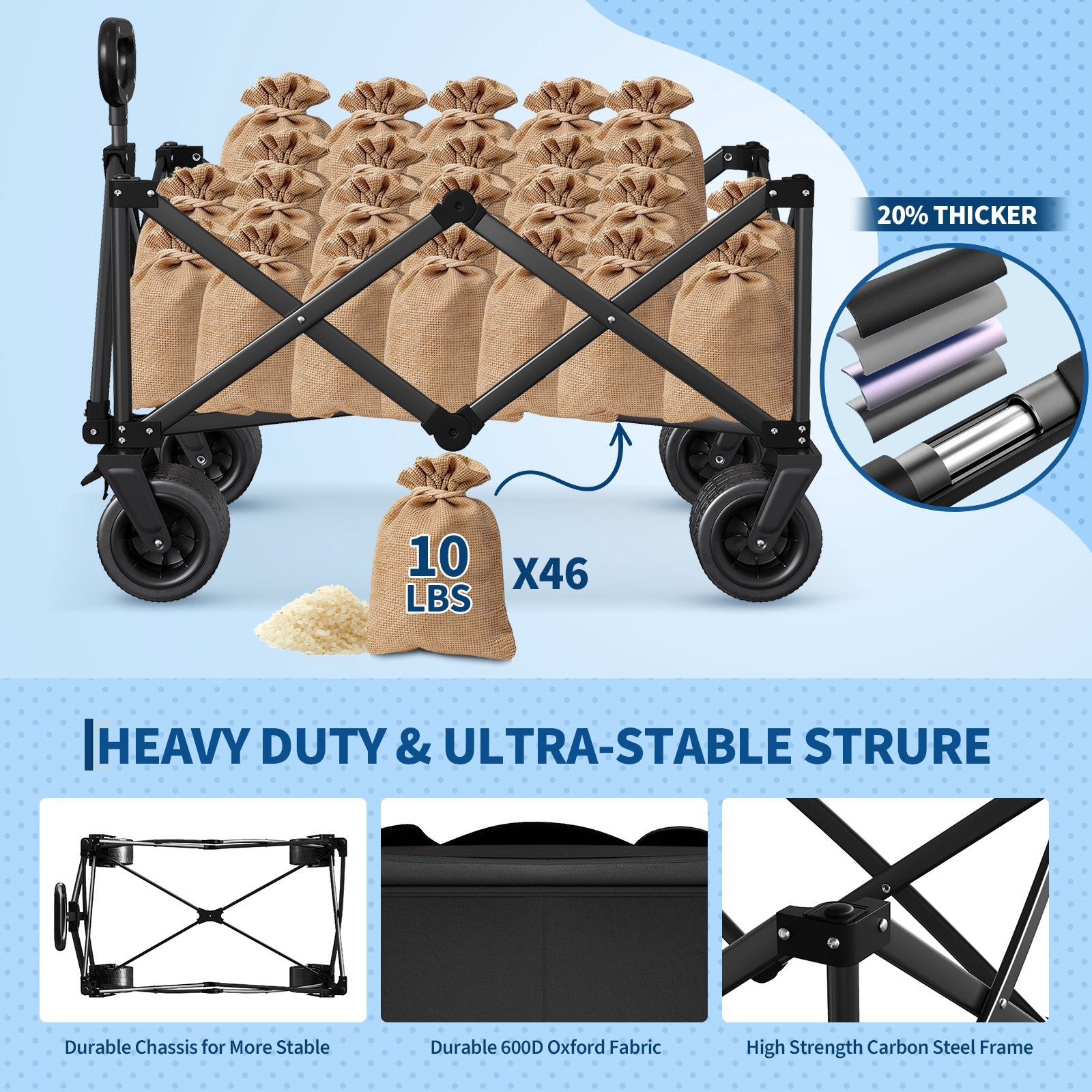 A Black Heavy-Duty Folding Cart, with a 400-Pound Load Capacity, 260-Liter Foldable Multifunctional Cart, Equipped with All-Terrain Wheels, a Cup Holder, a Storage Cover, And Elastic Cords, Perfect for Camping, Grocery Shopping, Shopping, And Sports