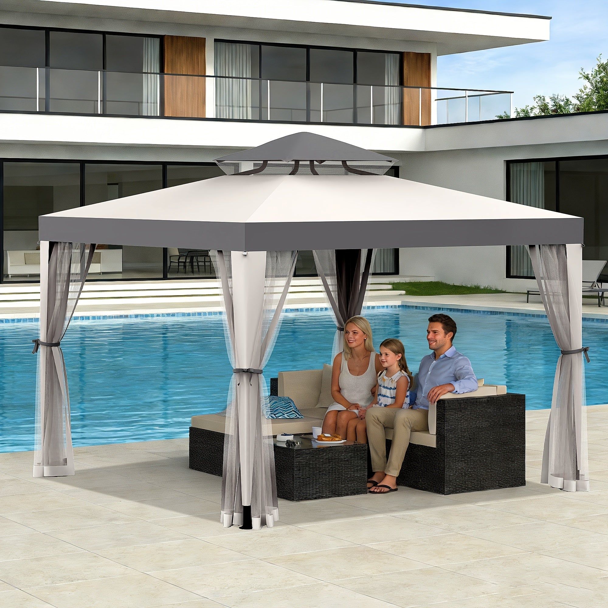 1pc 10' X 10' Gazebo with Mosquito Netting, 100 Sq Ft Shade, Terrace Gazebo with Mesh Sidewalls And Sturdy Steel Frame for Garden, Backyard Terrace BBQ Party