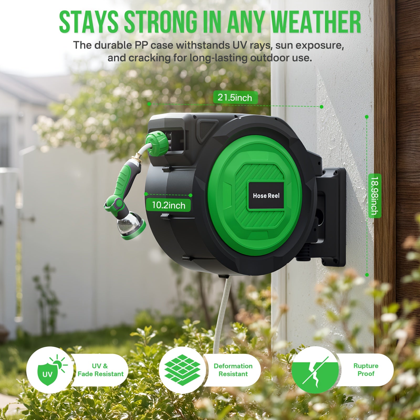 100ft/150ft Retractable Garden Hose Reel, Heavy-Duty Wall Mounted Water Hose with Any-Length Locking System, 10 Spray Modes Adjustable Nozzle, 180° Swivel Bracket, Auto Rewind for Gardening, Car Wash & Patio Cleaning.