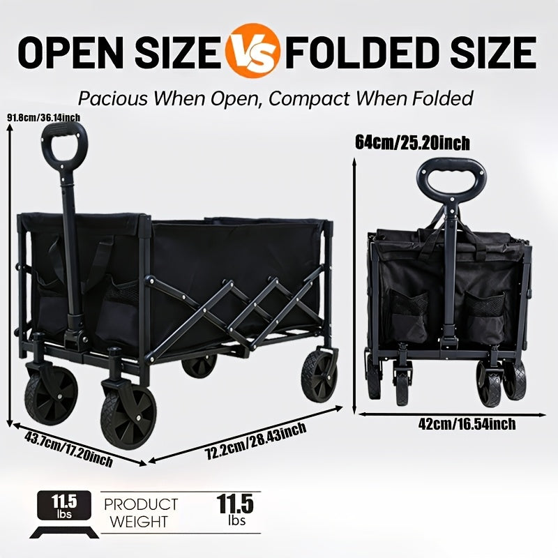 Heavy-Duty All-Terrain Folding Cart For Outdoor Gardens - Stainless Steel Frame With 600D Oxford Fabric, Foldable Multi-Purpose Cart Ideal For Camping, Gardening, Beach, And Shopping - No Assembly Required, Black