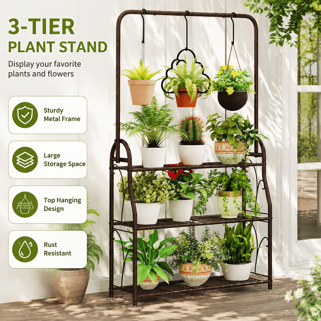 Plant Stand Indoor Outdoor Metal 3-Tiered Hanging Plant Shelf for Multiple Flower Planter Holders Tall Large Rack for Living Room Garden Balcony Dark