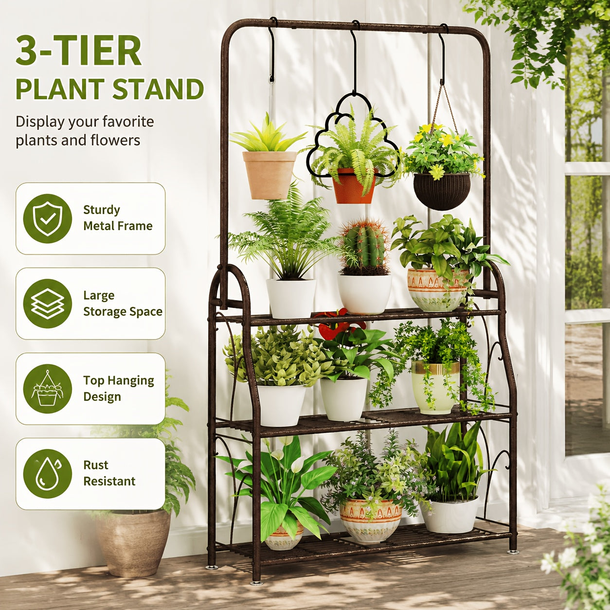 Plant Stand Indoor Outdoor Metal 3-Tiered Hanging Plant Shelf for Multiple Flower Planter Holders Tall Large Rack for Living Room Garden Balcony Dark