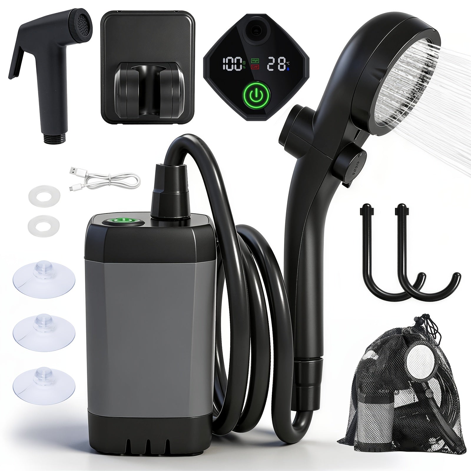 6000Mah Camping Shower with Powerful Water Pressure, Rechargeable Shower Pump, IPX7 Waterproof, 4 Spray Modes, Portable Shower Kit for Camping, Hiking, Beach, Pet & Car Washing, Ideal Gift for Family And Friends