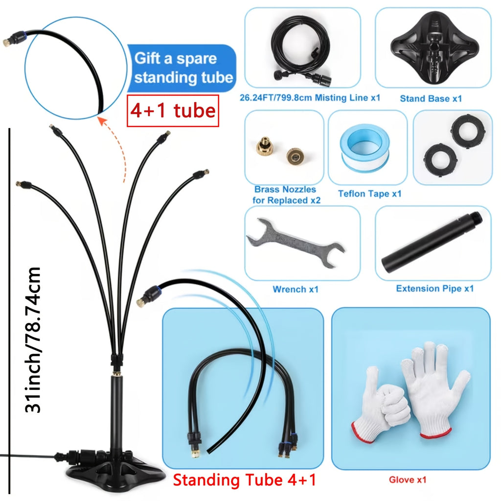 Mist Cooling System, Outdoor Patio Standing Mist, Portable Standing Mist Cooling System with 26.24ft. Spray Line, Upgraded Misting System for Patios, Pools, Gardens Watering, Water Play, Pet Cooling, No Plugging In Or Energized Use, 5 Water Pipes.
