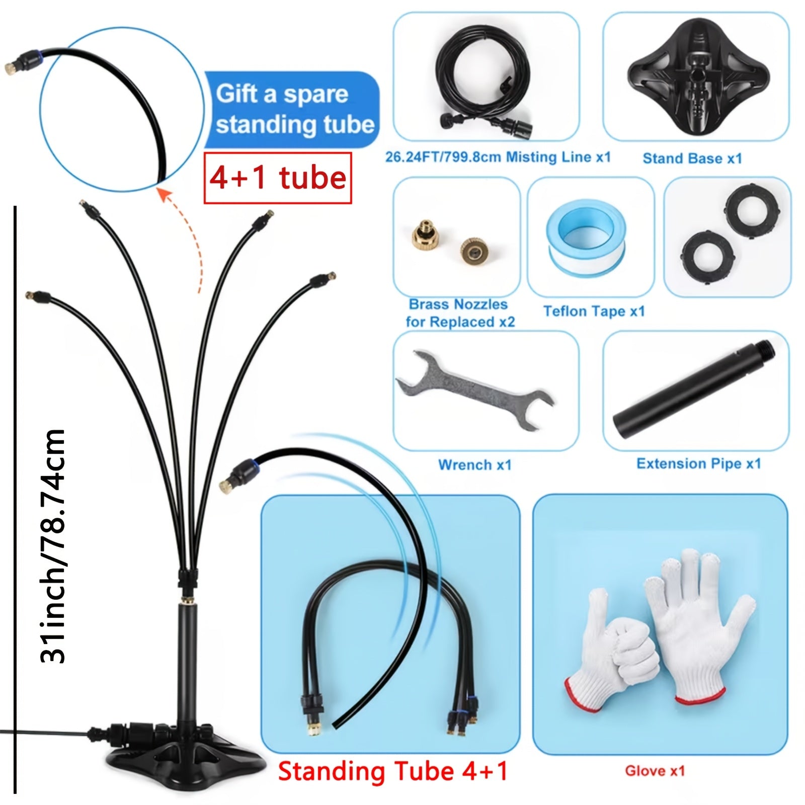 Mist Cooling System, Outdoor Patio Standing Mist, Portable Standing Mist Cooling System with 26.24ft. Spray Line, Upgraded Misting System for Patios, Pools, Gardens Watering, Water Play, Pet Cooling, No Plugging In Or Energized Use, 5 Water Pipes.