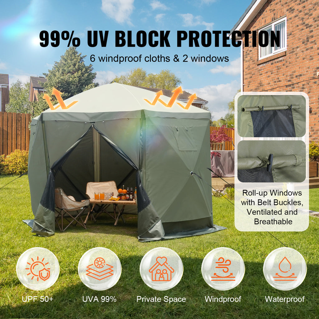 VEVOR Pop Up Gazebo Tent, Pop-Up Screen Tent 6 Sided Canopy Sun Shelter with 6 Removable Privacy Wind Cloths & Mesh Windows, 10x10FT/ 12.5x12.5FT Quick Set Screen Tent with Mosquito Netting, Army Green/Brown