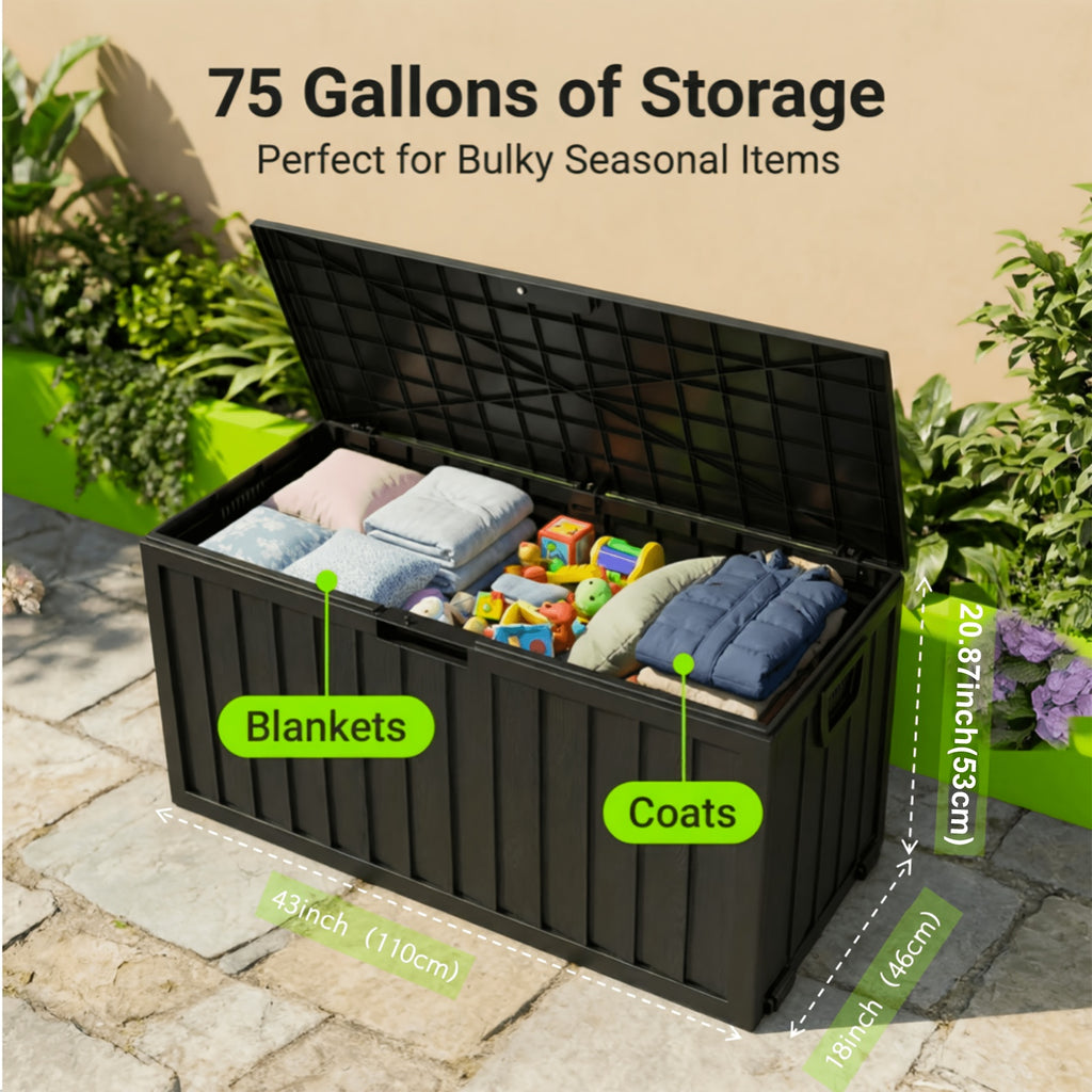 75 Gallon Waterproof Outdoor Storage Box with Handles And Wheels, Lockable Deck Box for Pool Accessories Patio Decor Garden Tools Camping Gear Holiday Gift, Easy to Assemble, Outside Cabinet Rack Toy Organization Containers, Box,Cabinet,Rack