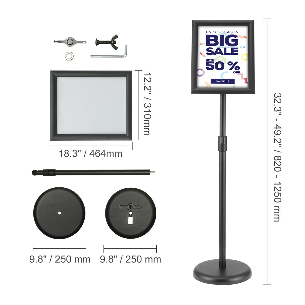 VEVOR Pedestal Sign Holder, 8.5 x 11/17x 11 Inch Vertical and Horizontal Adjustable Poster Stand, Heavy-Duty Floor Standing Sign Holder with Round Base for Display, Advertisement, and Outdoor, Black
