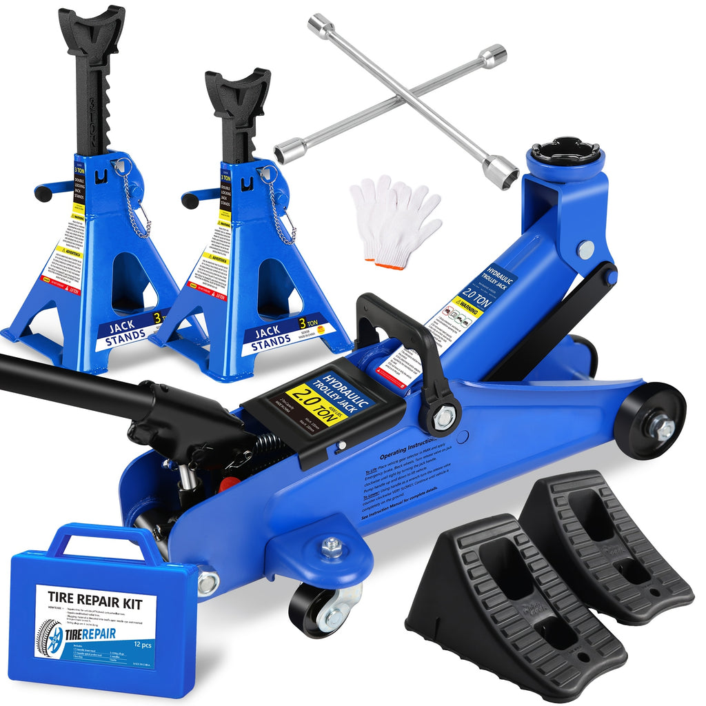 3.5T 2.5T 2T Optional Steel Floor Jack Quick Rise Piston Pump Low Profile, Hydraulic Trolley Car Jack with 2 Ratchet 3 Ton Jack Stands, Truck Jack Combo, Service Jack, Farm Jack Tire Repair