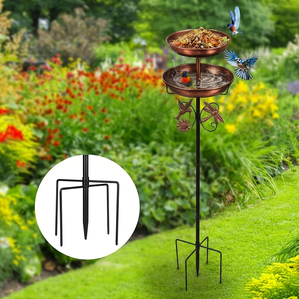 Retro Double-layer Metal Bird Bath Feeder. Detachable Basin for Feeding & Bathing. with Hummingbird & Dragonfly Decor. Ideal for Gardens, Patios, Courtyards, Lawns. Upgraded 5-claw Base, Anti-toppling, Stable And Durable.