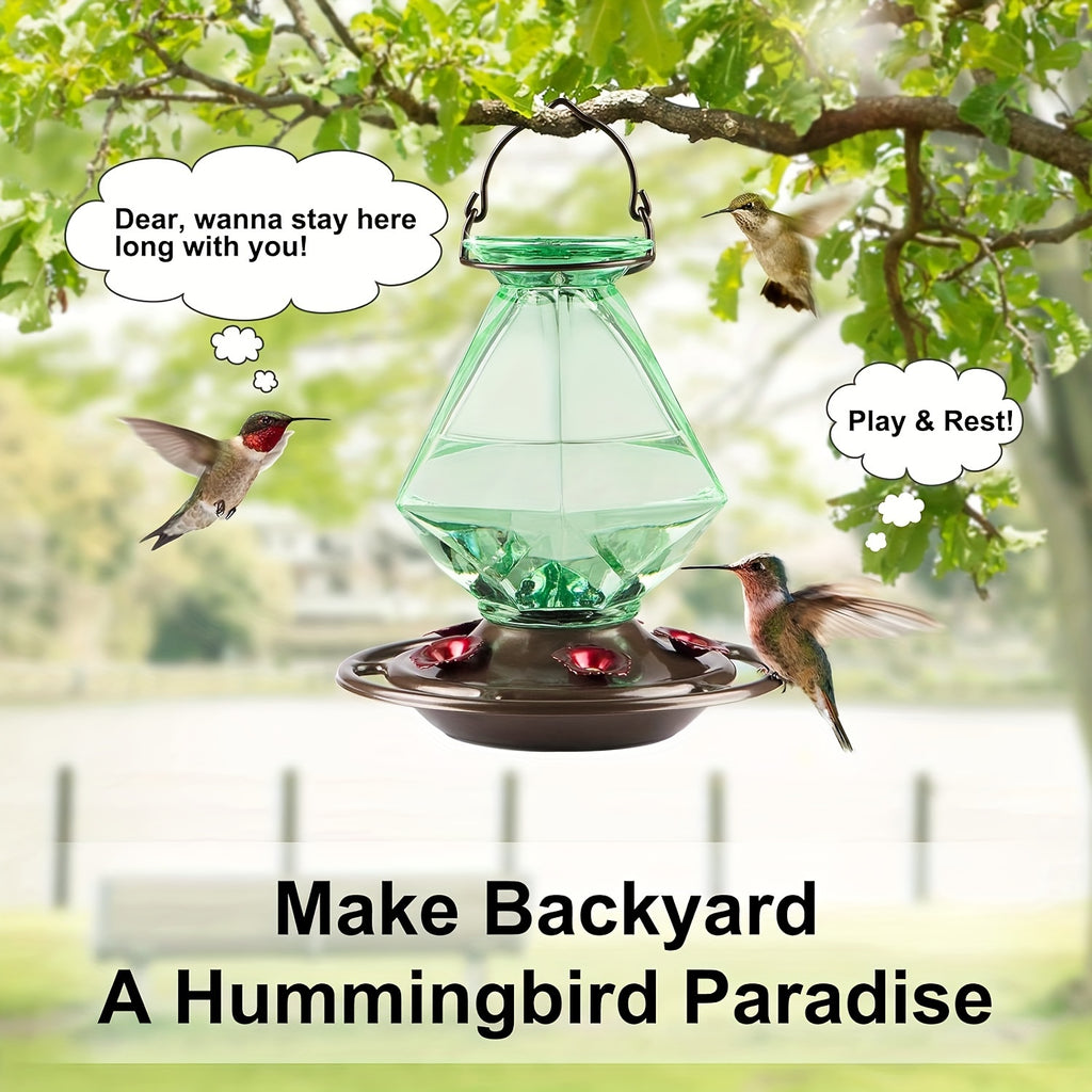 Hummingbird Feeder, Green Glass Hummingbird Feeders for Outdoors Hanging, 5 Simulation Flowers Feeding Ports, 23 Ounces, Rustproof, Leakproof, Geometric Line Shapes