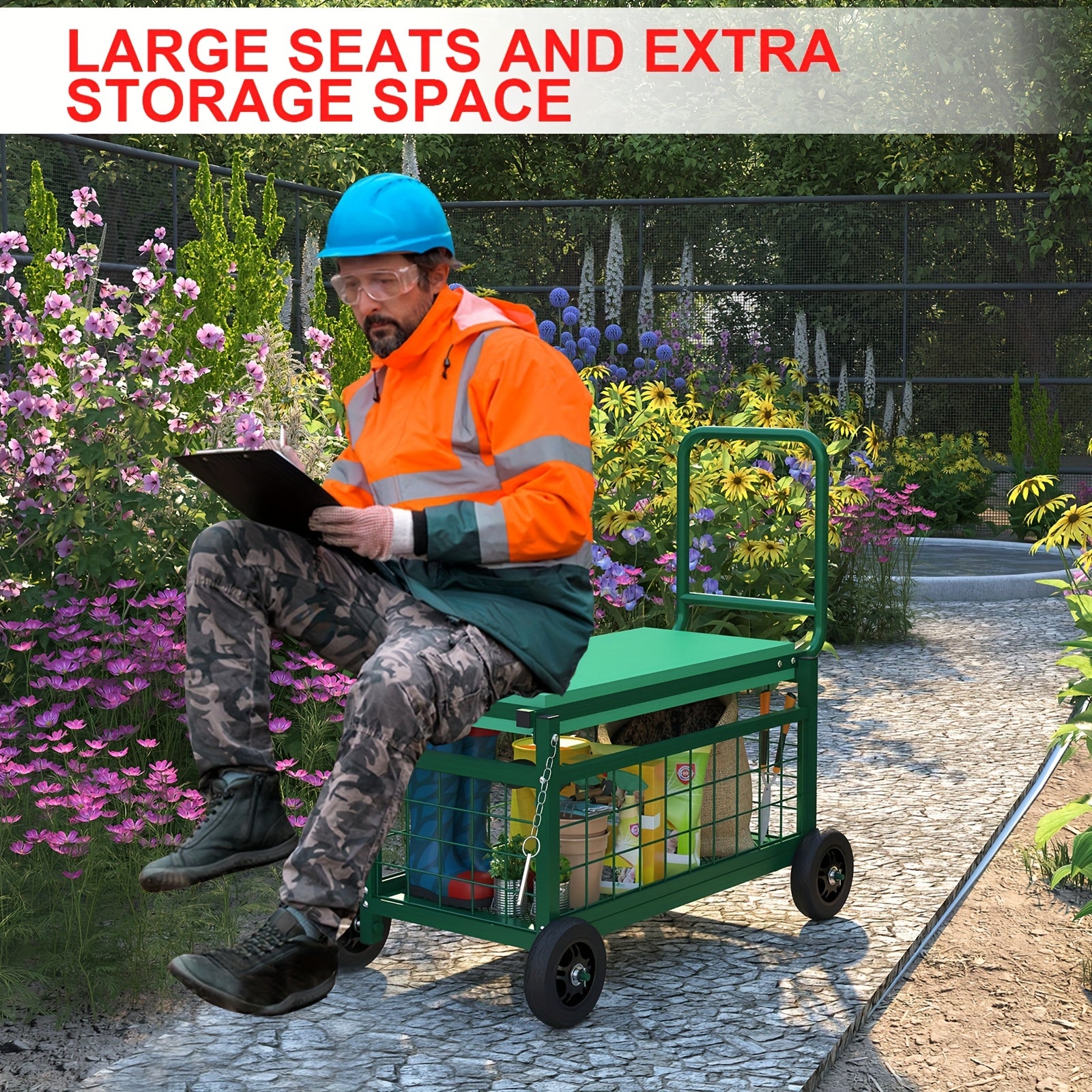 [HOT Deal, Garden Cart] HOT Deal 2025 - Heavy-Duty Rolling Garden Work Seat Cart with Wheels | Dual-Position Seat for Seniors & Gardeners, Storage Basket, Ergonomic Design, Durable Metal Frame for Outdoor Yard Work & Food Service Display