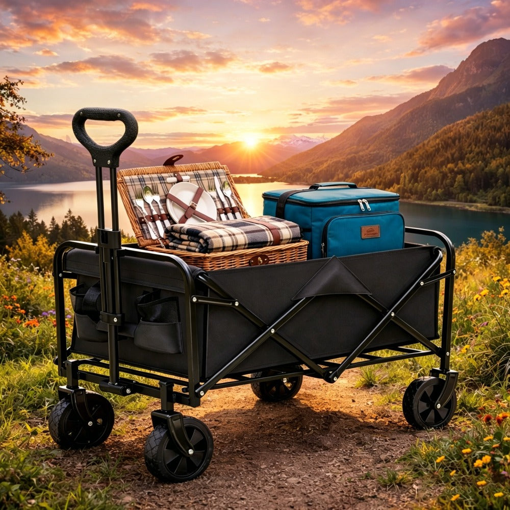 Heavy Duty Foldable Wagon Cart, 650LBS Load Bearing, Stainless Steel Frame, 600D Oxford Fabric, All Terrain Utility Cart with Swivel Wheels And Adjustable Handle, Multipurpose Portable Cart for Camping, Beach, Gardening Cart