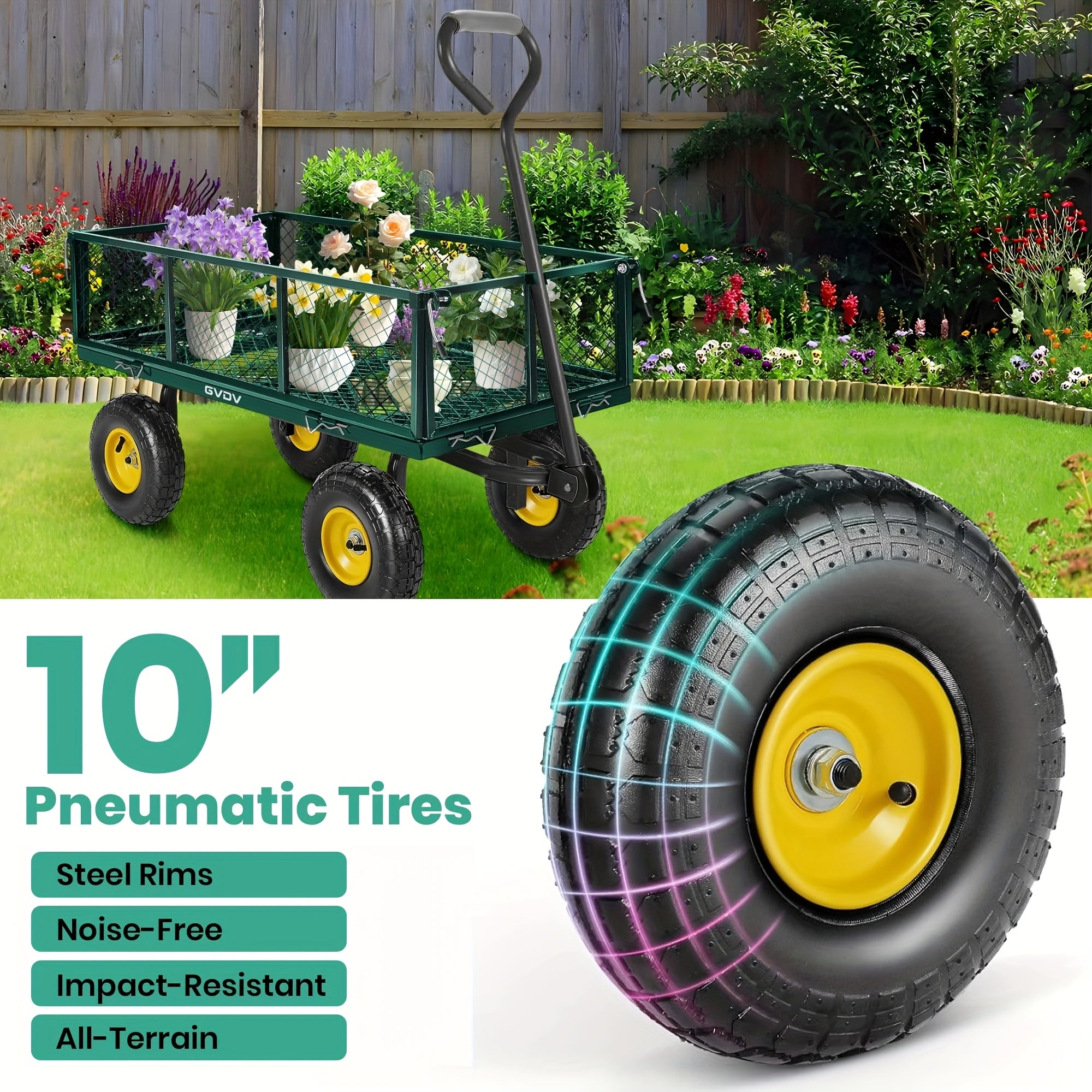 [800LBS Heavy Duty Garden Cart] GVDV Garden Cart with With Wheels, Removable Mesh Sides & 180° Rotating Handle - Dump Wagon for Yard/Garden/Beach, 10" All-Terrain Wheels,