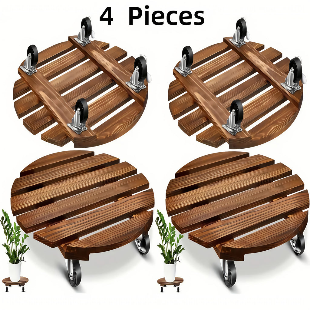 4/2pcs Acacia Wood Rolling Round Plant Caddy for Plant Pots, Heavy Duty Plant Stand with 360° Lockable Wheels, 360Lbs Capacity Caddy for Indoor And Outdoor Use, Large Plant Pots And Flower Pots, Gazebo