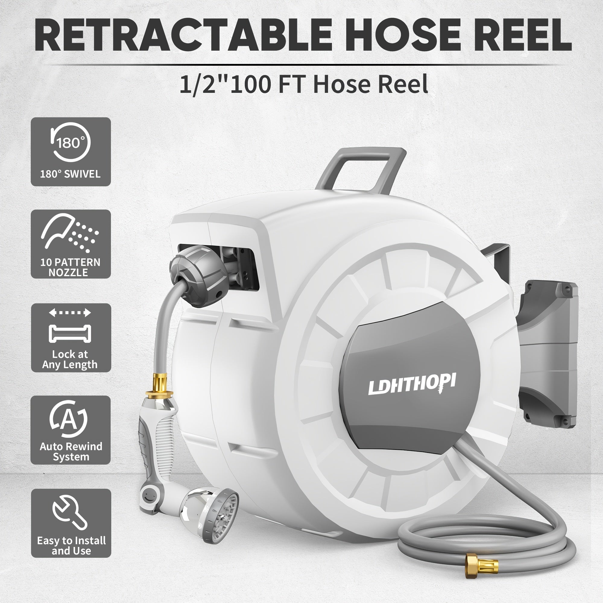 40/100/110/130FT X 1/2" Retractable Garden Hose Reel, Decorative Outdoor Garden Hose Reels - Automatic Self-Retracting Wall-Mount Hose Reel with Enclosed Storage, Any Length Lock, 10 Patterns Nozzle