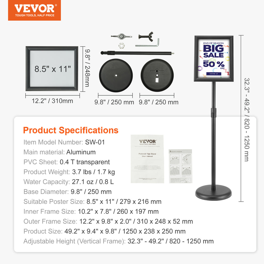 VEVOR Pedestal Sign Holder, 8.5 x 11/17x 11 Inch Vertical and Horizontal Adjustable Poster Stand, Heavy-Duty Floor Standing Sign Holder with Round Base for Display, Advertisement, and Outdoor, Black