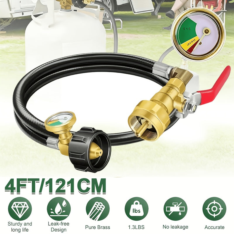 4ft/48'' Propane Refill Adapter Hose with Gauge Propane Tank Refill Adapter Extension Hose for 1LB Propane Gas Tanks with ON/Off Control Valve 1lb Propane Tank Refill Adapter Kit with Safety Shutoff Valve Easily Fill 1lb Bottles from 20lb Tank