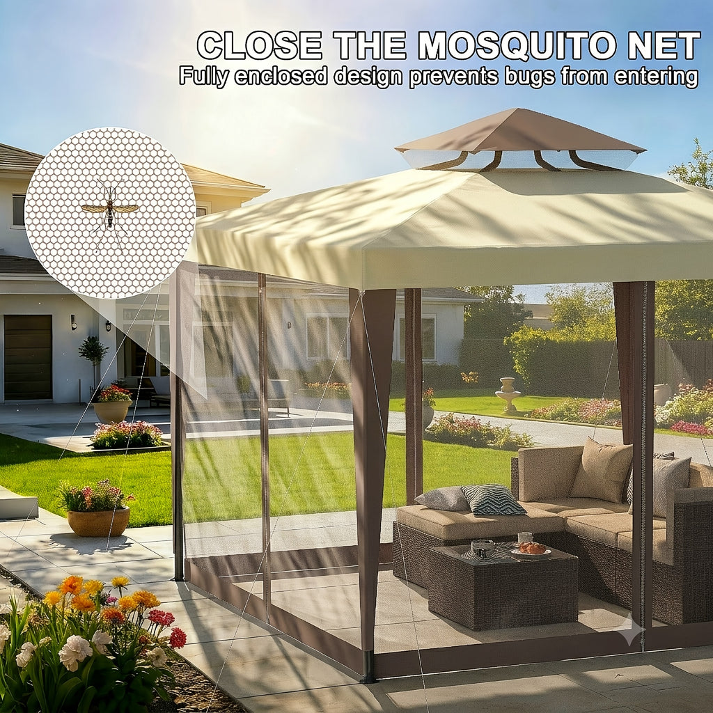 1pc 10' X 10' Gazebo with Mosquito Netting, 100 Sq Ft Shade, Terrace Gazebo with Mesh Sidewalls And Sturdy Steel Frame for Garden, Backyard Terrace BBQ Party