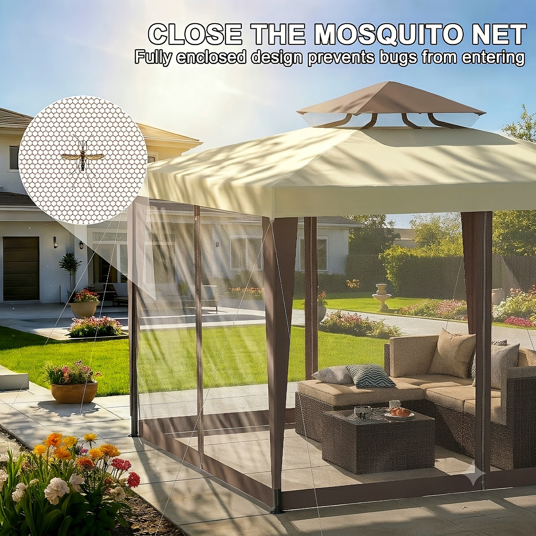 1pc 10' X 10' Gazebo with Mosquito Netting, 100 Sq Ft Shade, Terrace Gazebo with Mesh Sidewalls And Sturdy Steel Frame for Garden, Backyard Terrace BBQ Party
