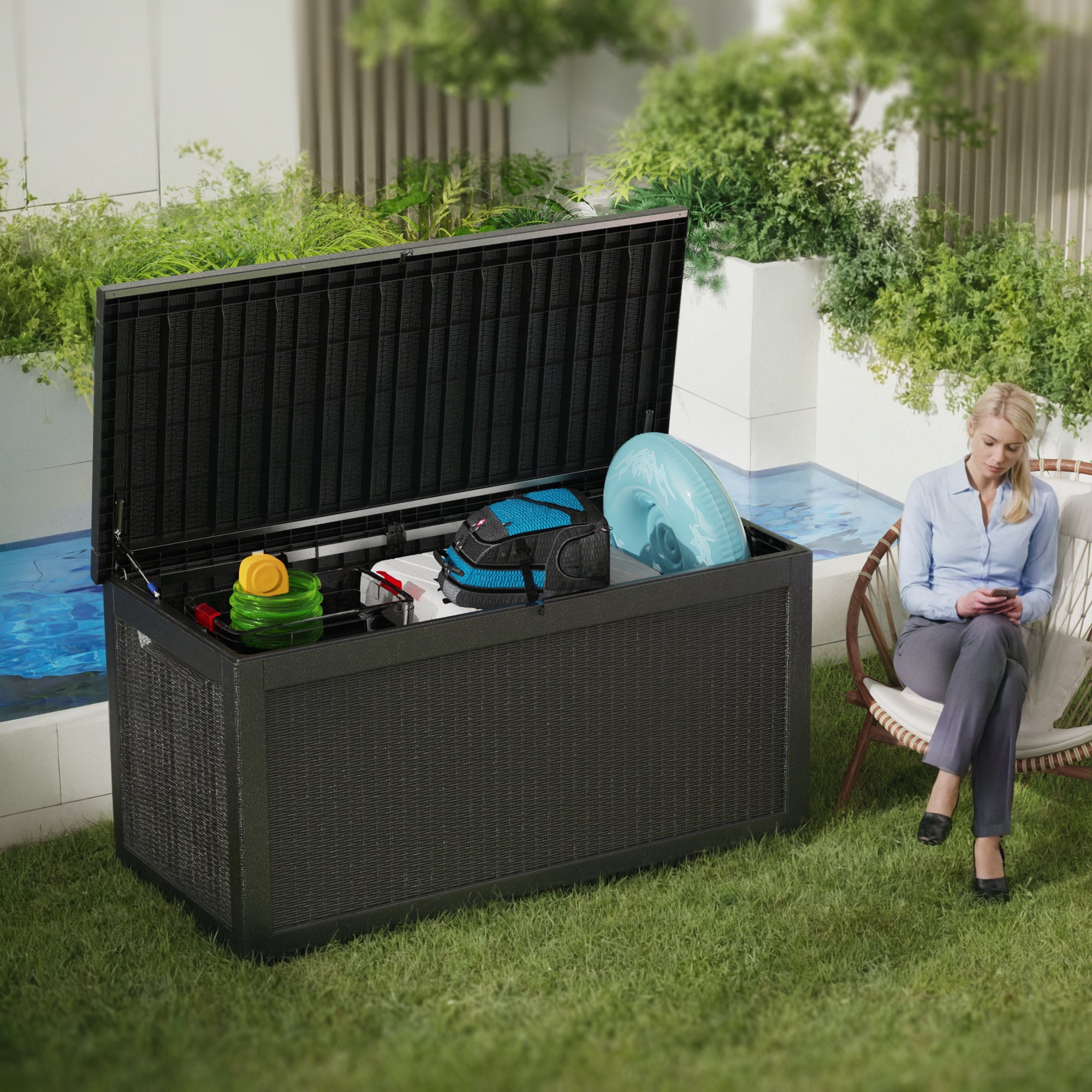 100GAL/150GAL Heavy Duty Resin Outdoor Storage Box with Wheels - High Quality Lockable Patio, Garden and Pool Deck Organizer for Throw Pillows, Sports Gear, Yard Tools, Wood Grain Effect,Perfect Holiday Gift for Halloween, Christmas, Thanksgiving