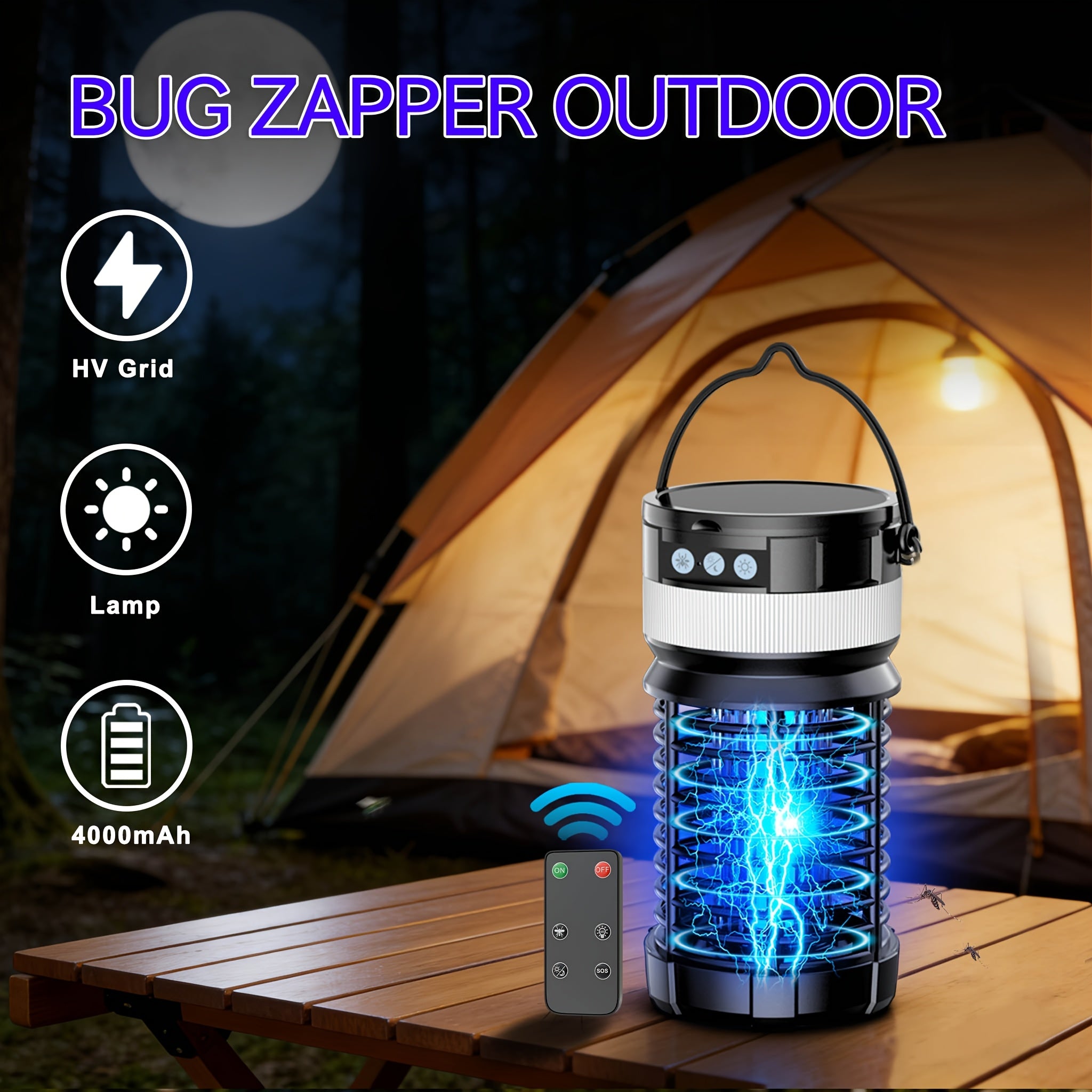 Solar Bug Zapper with Remote Control, Dual Solar Panels & 4000mAh Battery, Auto UV Sensor, IP65 Portable Electric Insect Trap for Home, Yard, Camping & Outdoor, 9.06 × 4.17 × 4.17 Inch