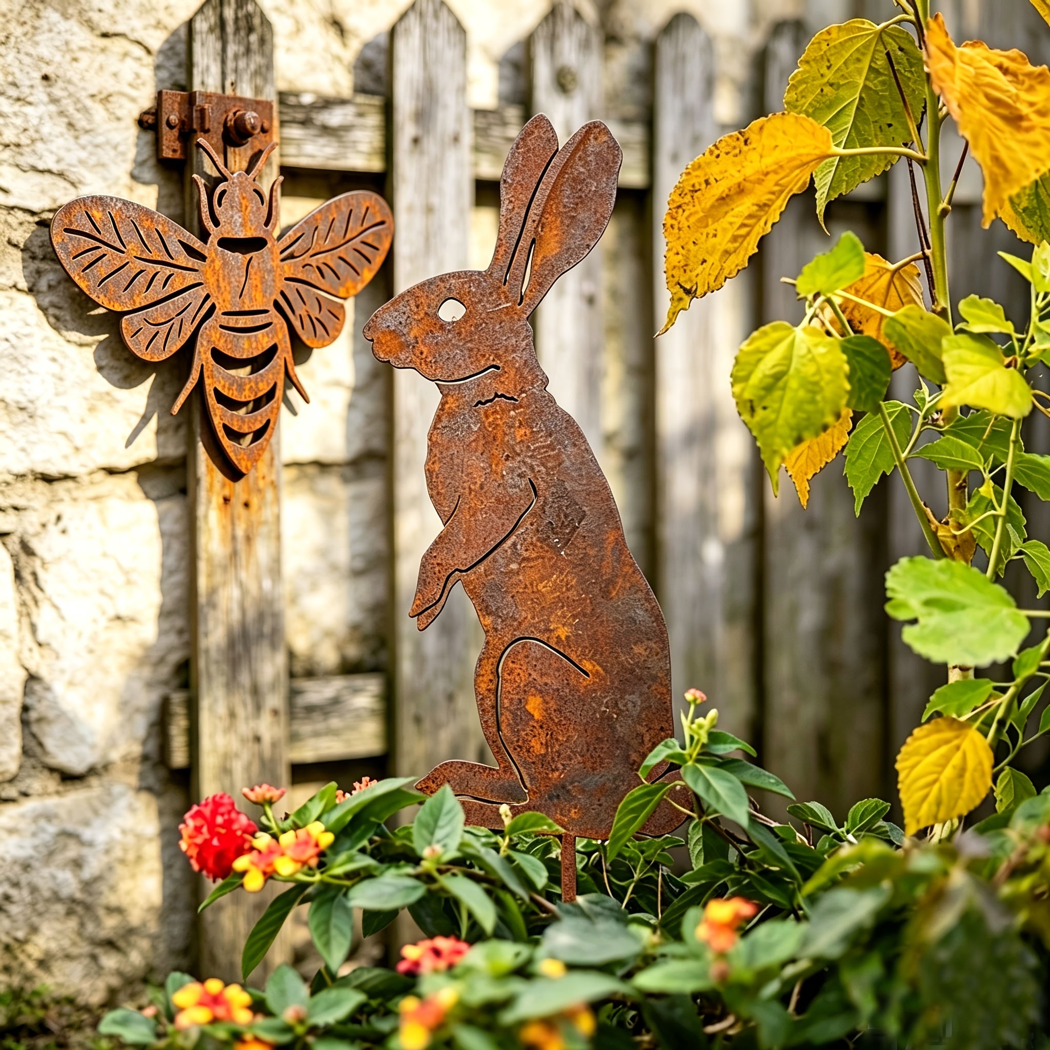 [2.5D] 1pc YOHWOR Rusty Metal Standing Rabbit Garden Stake - Rustic Farmhouse Bunny Silhouette Yard Art, Durable Iron Outdoor Stake for Christmas, Easter, Halloween, Hanukkah, Thanksgiving Decor (No Electricity Needed)