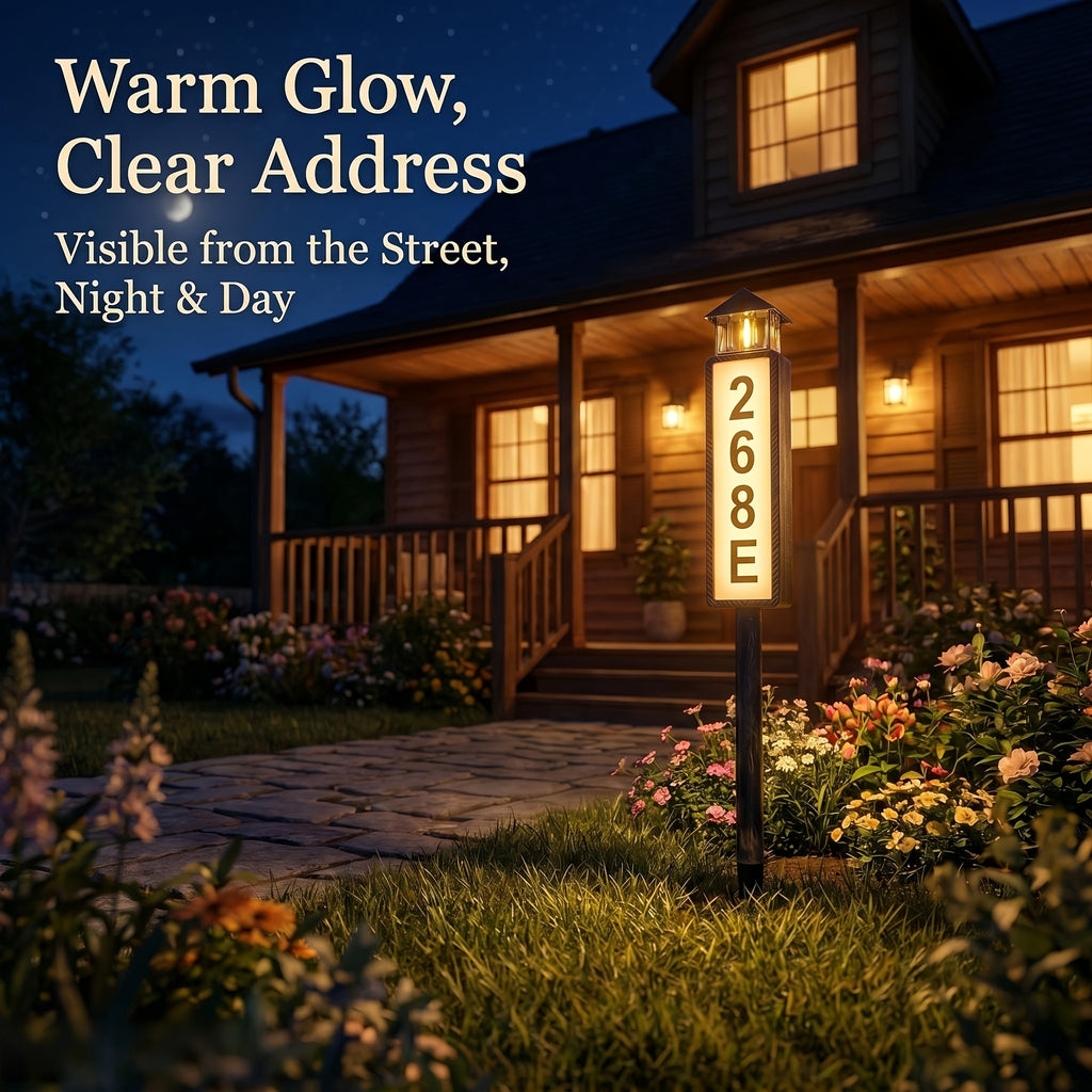Solar Powered Address Sign with 3 Color Modes, IP44 LED Illuminated House Numbers for Outside, Yard, Apartment, Street - Easy to Install