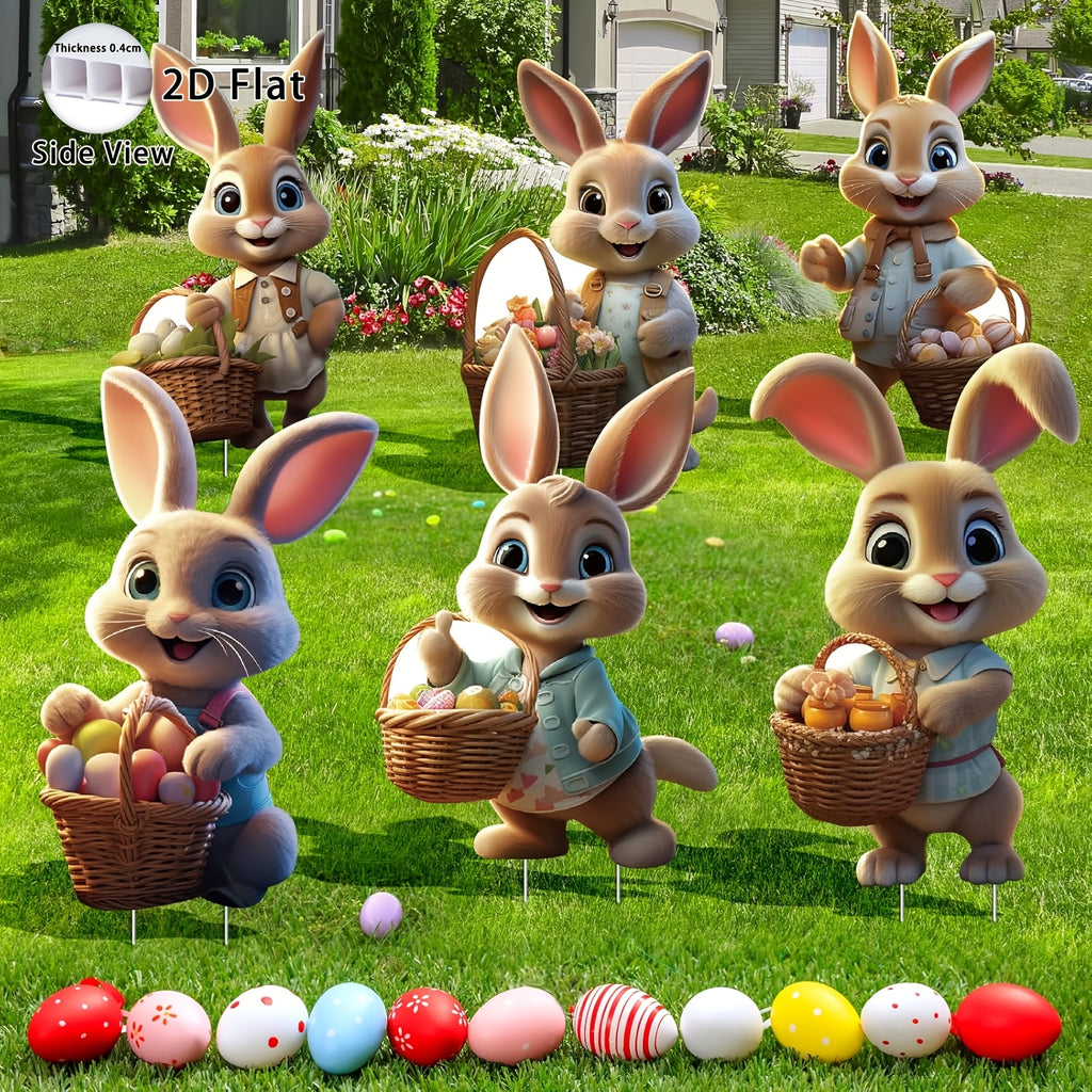2D Flat, 2D Flat Products 6pcs Easter Bunny Decorations Outdoor - Easter Bunny Signs - Easter Bunny Yard Decorations Outdoor with Stakes - Bunny Garden Sign Spring Home Decor Lawn Signs, 2D Flat
