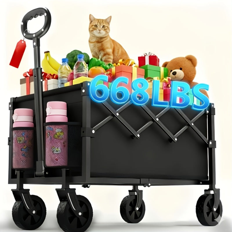Heavy-Duty Collapsible Handcart with a Stainless Steel Frame And 600D Oxford Fabric, Equipped with All-Terrain Wheels, Ideal for Camping, Gardening, Beach Outings, Shopping, And Transporting Goods. It Features Compact Storage And a Robust Design
