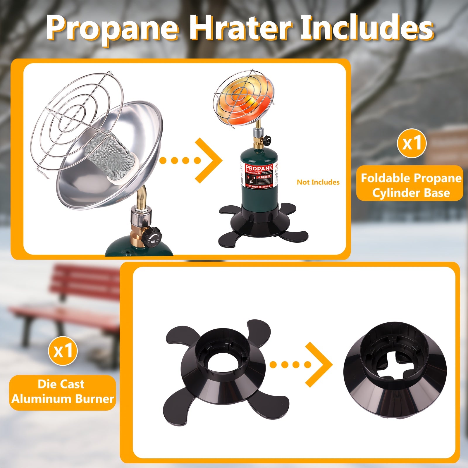 Compact Propane Heater Designed for Outdoor Camping, Offering 6200BTU Power with a Control Valve. This Patio Heater Is Compatible with a 1Lb Propane Gas Tank, Making It Ideal for Tents, Garages, And Fishing Trips