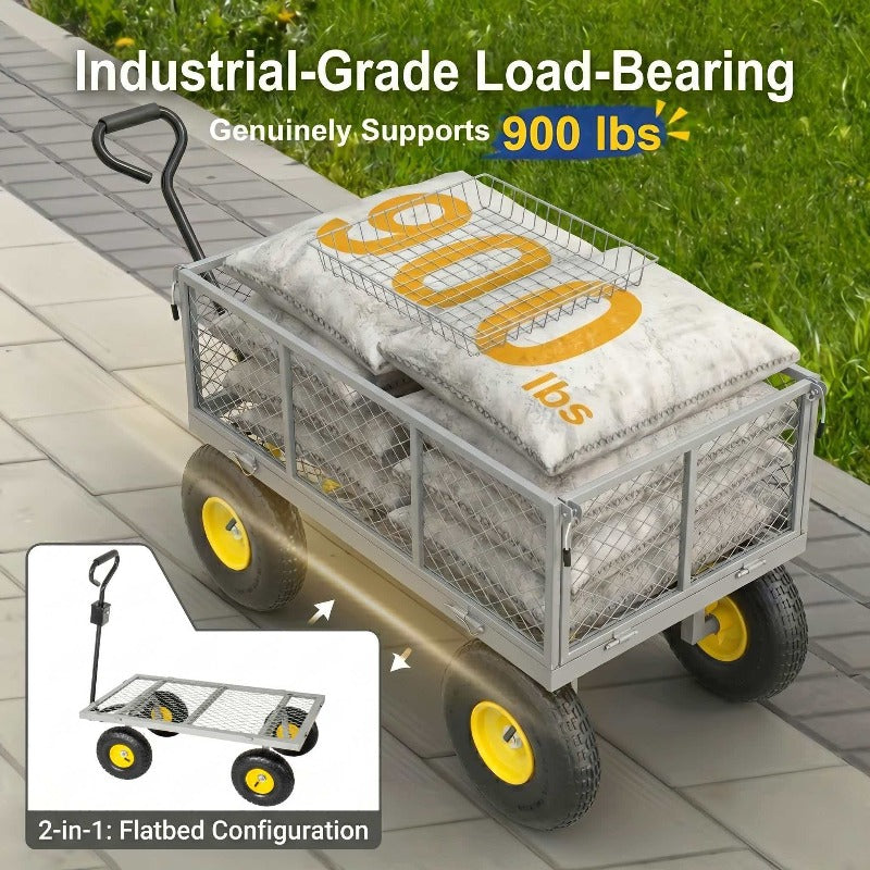 900 LBS Heavy Duty 3-in-1 Garden Cart, Pullable Metal Utility Wagon with Removable Mesh Sides, Flatbed Yard Cart with 10' All Terrain Tires for Farm, Lawn, Gardening & Outdoor Hauling