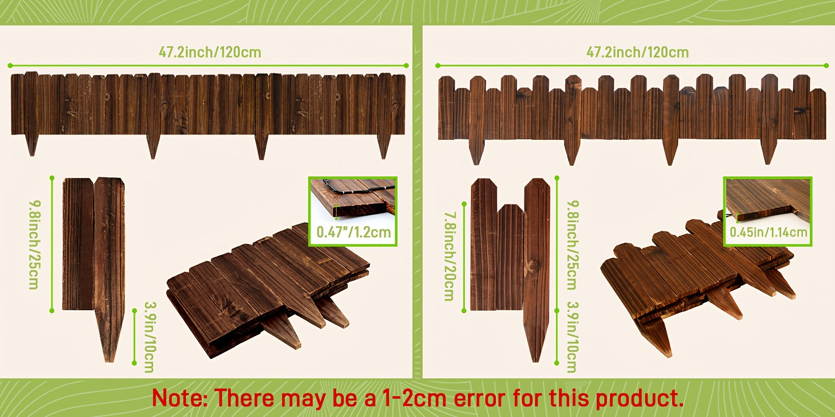 1pc 47.2-Inch Wooden Garden Edging, Decorative Small Picket Panels for Flower Bed Barriers And Landscape Fencing