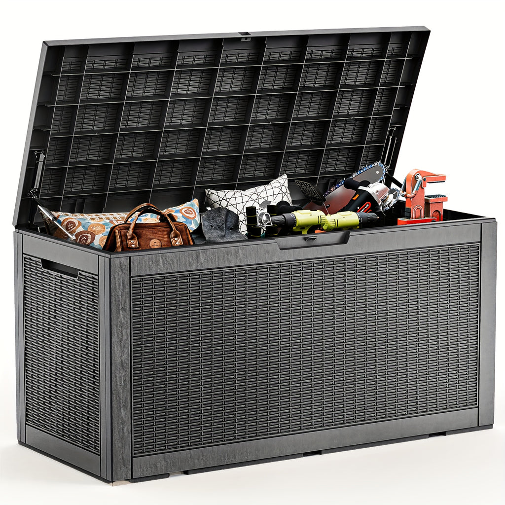 105 Gallon Waterproof Large Resin Deck Box Indoor Outdoor Lockable Storage Container for Patio Furniture Cushions Garden Tools, Box, Cabinet, Rack for Outdoor Storage, Pool Additions, Perfect Holiday Gift for Halloween, Christmas, Thanksgiving, Box