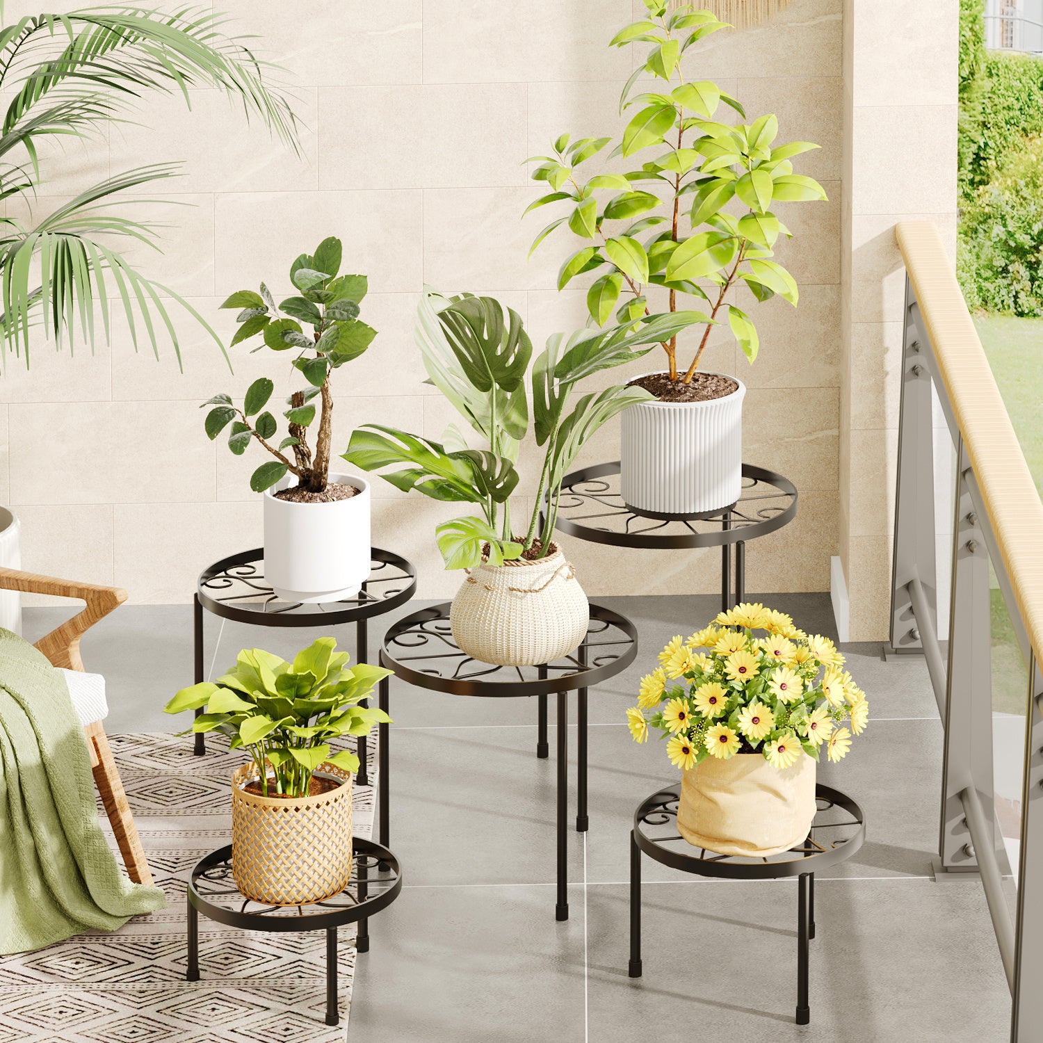 WHONLINE 5pcs Set Black Metal Plant Stand With Heavy-duty Design And Thickened Rust-proof Baking Paint Process. Suitable For Various Flower Pot Accessories, Ideal For Living Rooms, Balconies, Courtyards, And Outdoor Plant Stands And Storage