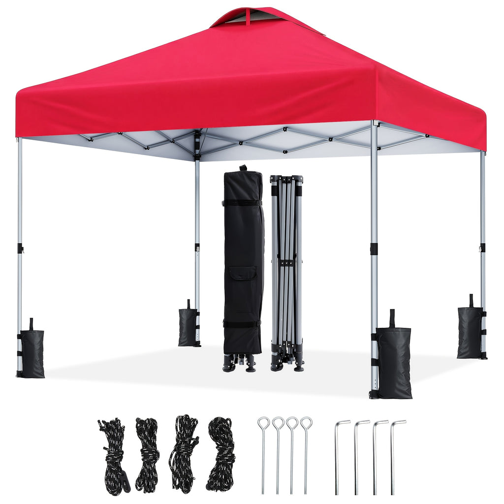 A 10X10Ft Gazebo That Is a Portable Outdoor Shelter Featuring One-Step Assembly, Adjustable Height, And Comes with a Storage Bag, Eight Ground Pegs, And Four Sandbags. It Has an Easy-To-Install Canopy, Making It Ideal for Beach Trips, Camping