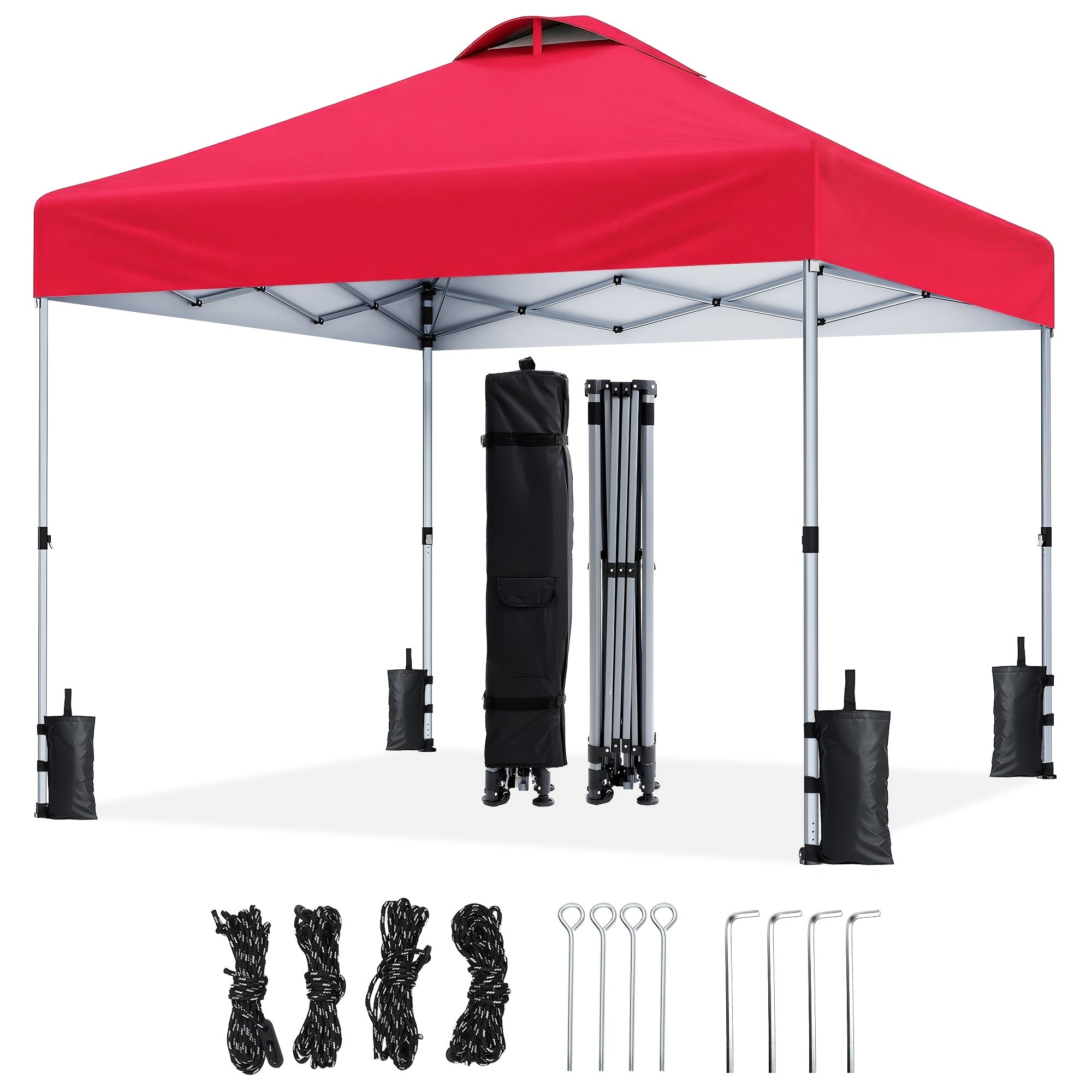 A 10X10Ft Gazebo That Is a Portable Outdoor Shelter Featuring One-Step Assembly, Adjustable Height, And Comes with a Storage Bag, Eight Ground Pegs, And Four Sandbags. It Has an Easy-To-Install Canopy, Making It Ideal for Beach Trips, Camping