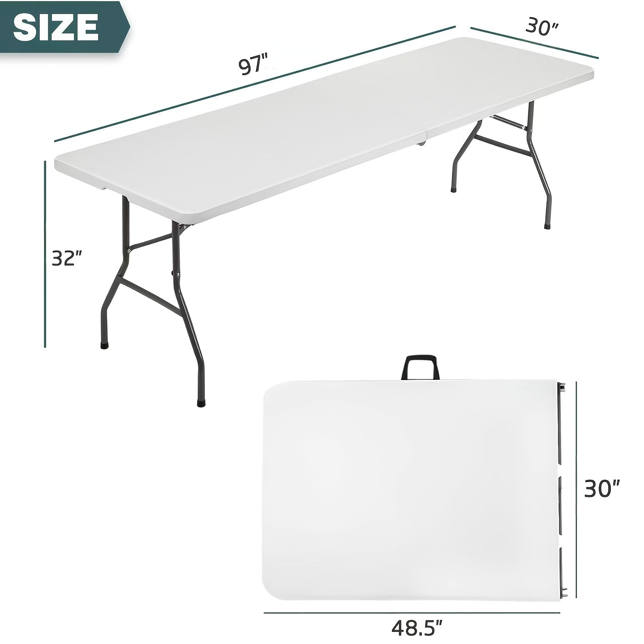 8ft Portable Plastic Folding Table for Indoor & Outdoor, Heavy Duty Fold Up Table Foldable Picnic Tables Dining Table for Camping Parties Backyard Events, White